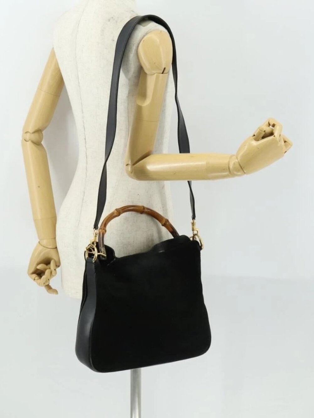 GUCCI Bamboo Shoulder Bag Suede 2way Black Gold Auth 157009
